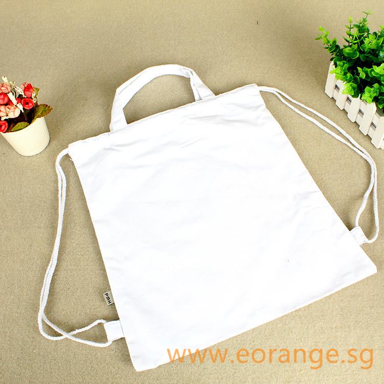 White canvas store drawstring bags